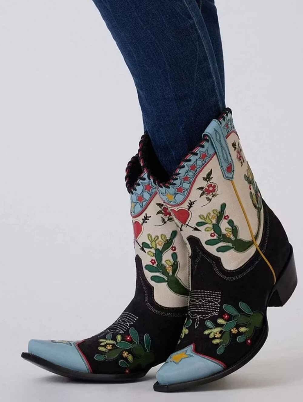 Floral Embroidered Western Boots - Black, White, Green, Red, Light Blue